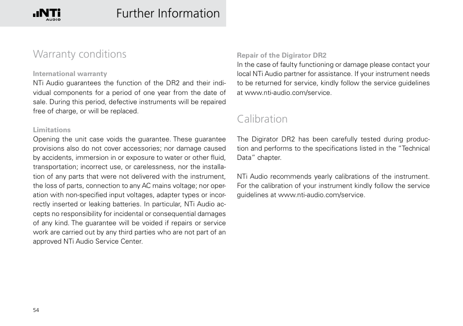 Warranty conditions, Further information, Calibration | NTi Audio Digirator DR2 User Manual | Page 54 / 56