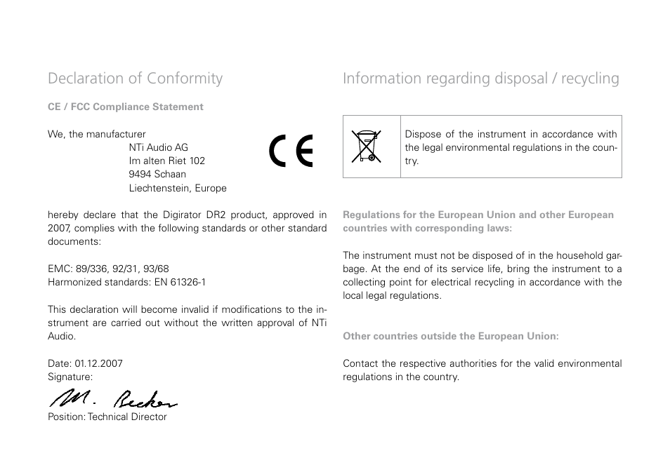 Declaration of conformity, Information regarding disposal / recycling | NTi Audio Digirator DR2 User Manual | Page 55 / 56