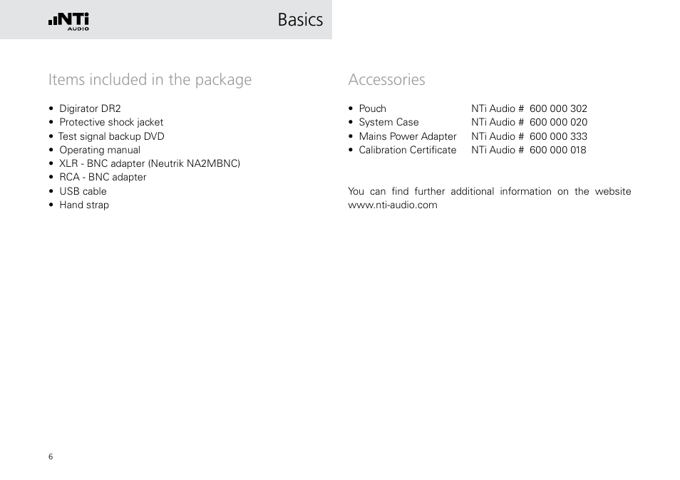 Items included in the package, Accessories, Items included in the package accessories | Basics | NTi Audio Digirator DR2 User Manual | Page 6 / 56