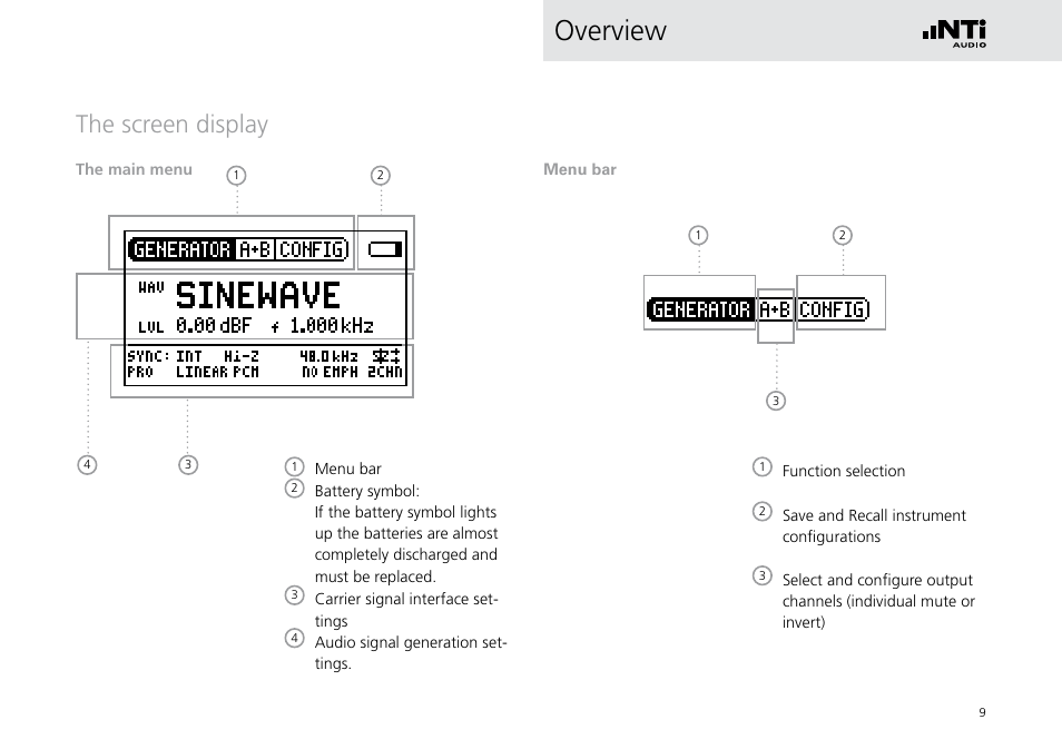 The screen display, The main menu, The screen display the main menu | Overview | NTi Audio Digirator DR2 User Manual | Page 9 / 56