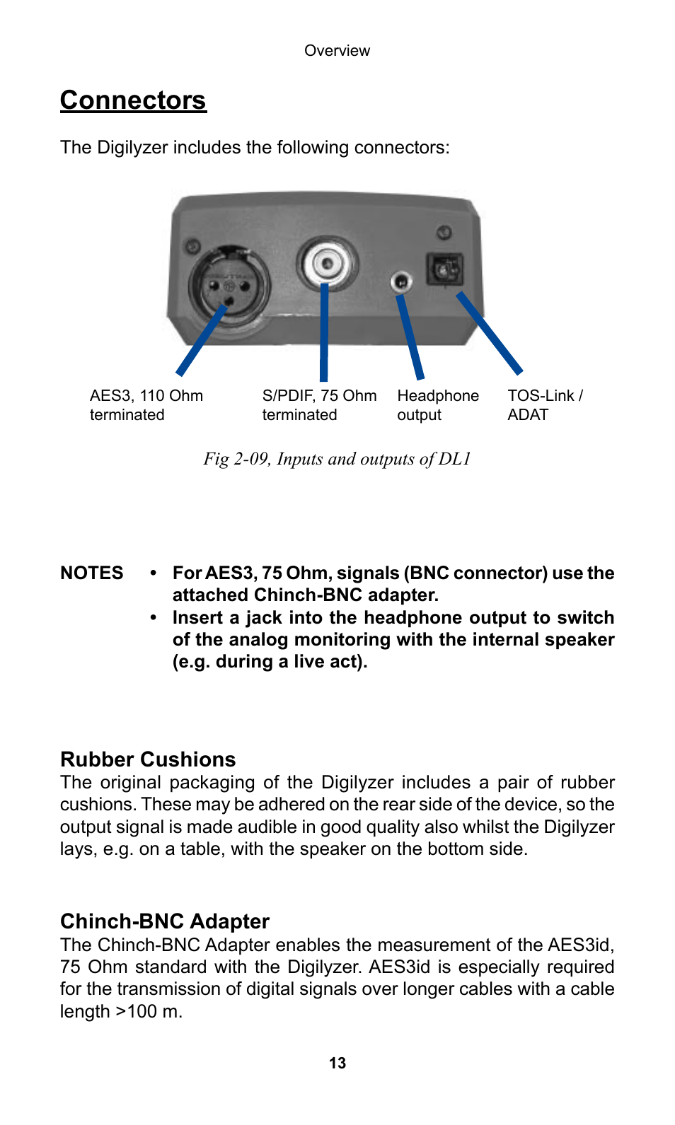 Connectors, Rubber cushions, Chinch-bnc adapter | NTi Audio Digilyzer DL1 User Manual | Page 13 / 66