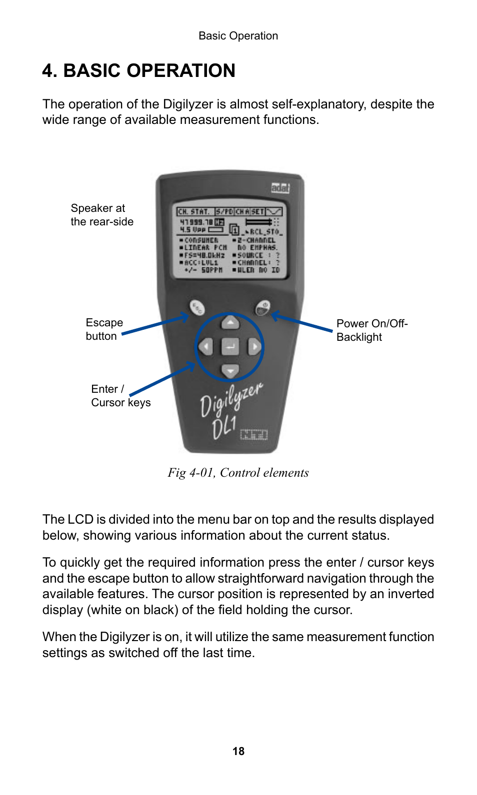 Basic operation, Asic, Peration | NTi Audio Digilyzer DL1 User Manual | Page 18 / 66