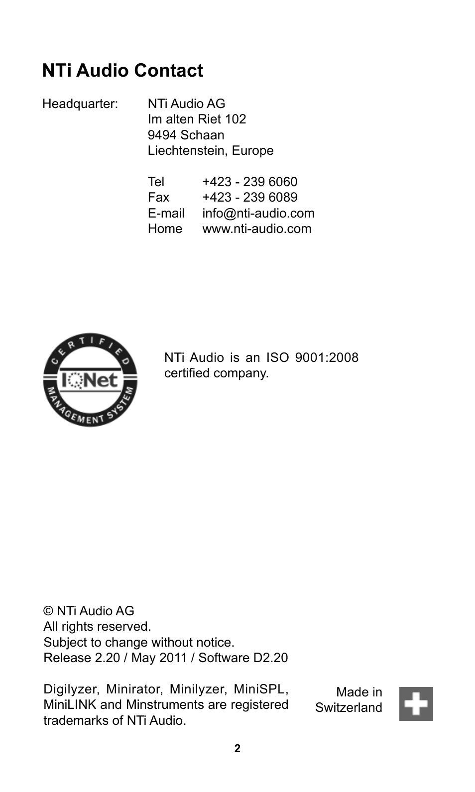 Nti audio contact | NTi Audio Digilyzer DL1 User Manual | Page 2 / 66