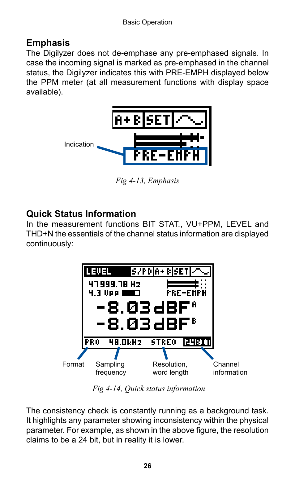 Emphasis, Quick status information | NTi Audio Digilyzer DL1 User Manual | Page 26 / 66