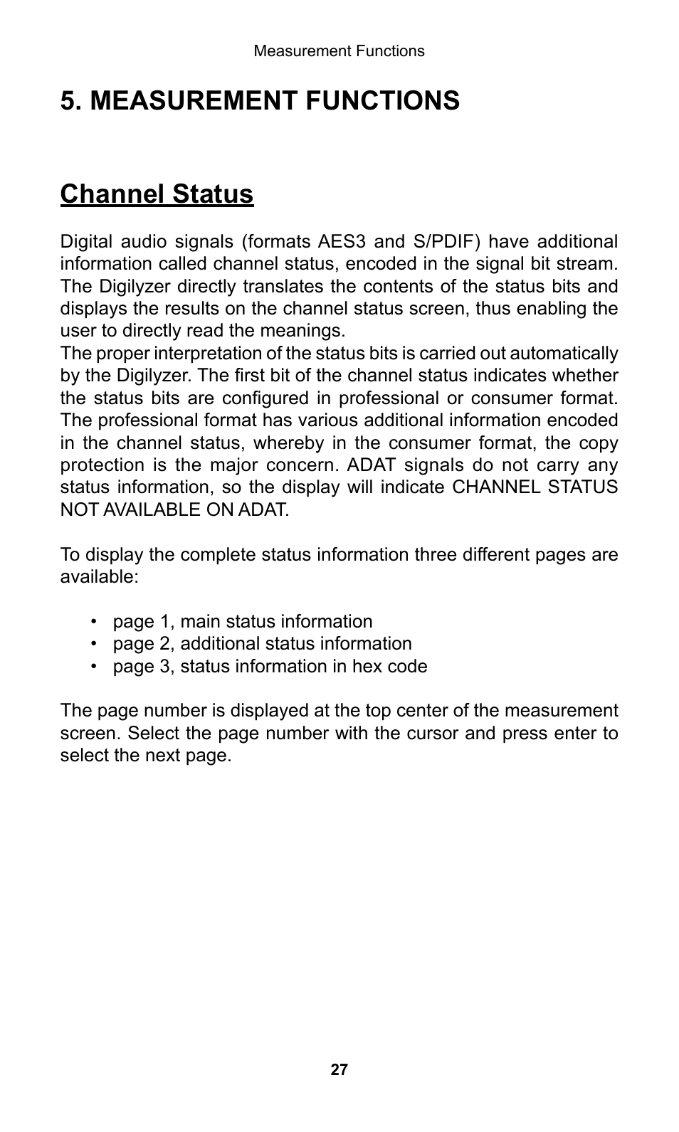 Measurement functions, Channel status, Easurement | Unctions, Measurement functions channel status | NTi Audio Digilyzer DL1 User Manual | Page 27 / 66