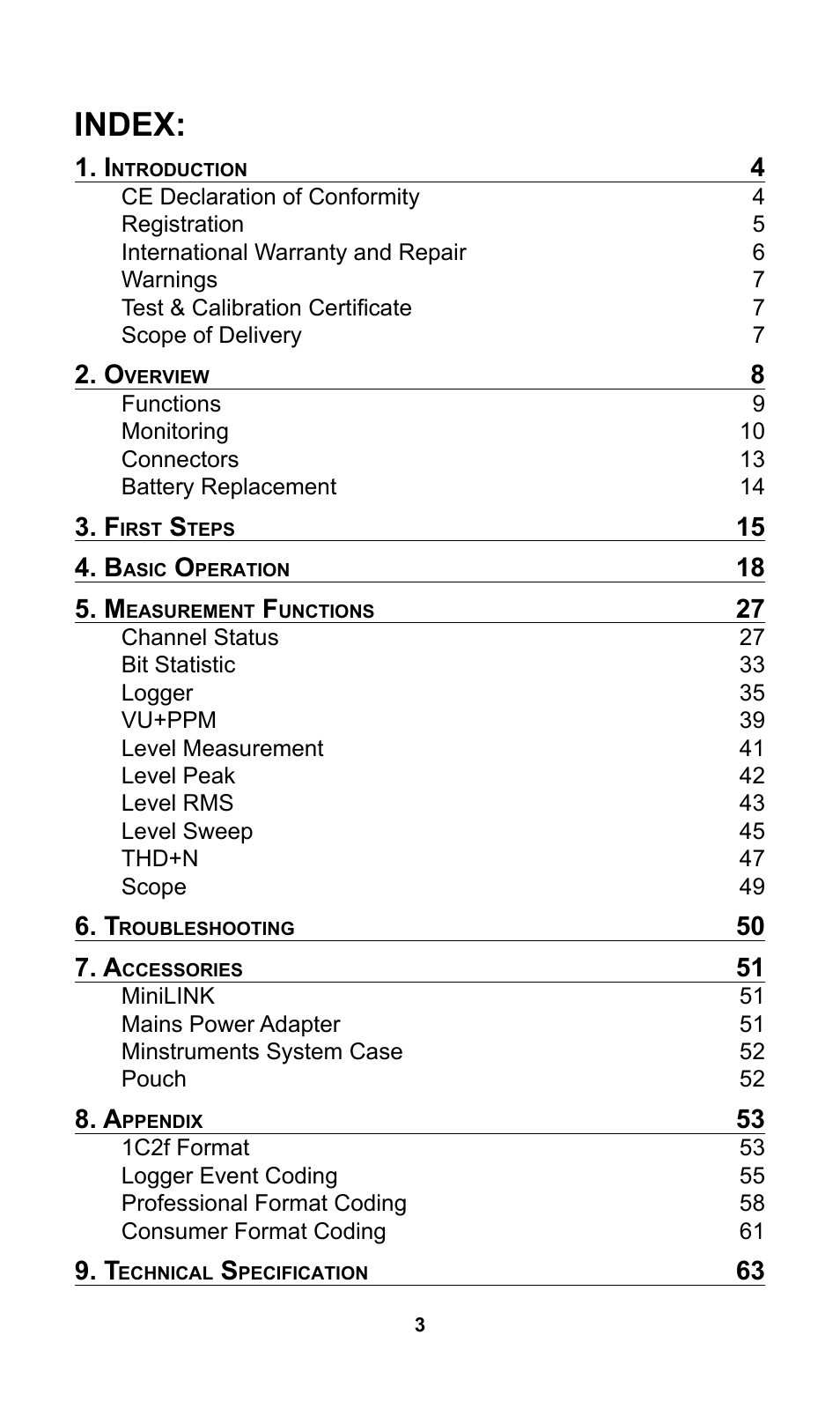 Index | NTi Audio Digilyzer DL1 User Manual | Page 3 / 66