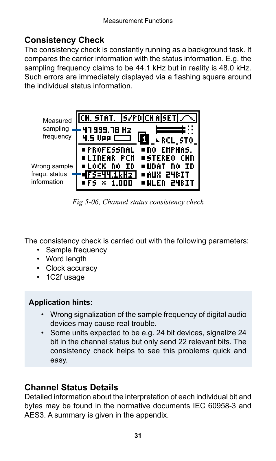Consistency check, Channel status details | NTi Audio Digilyzer DL1 User Manual | Page 31 / 66