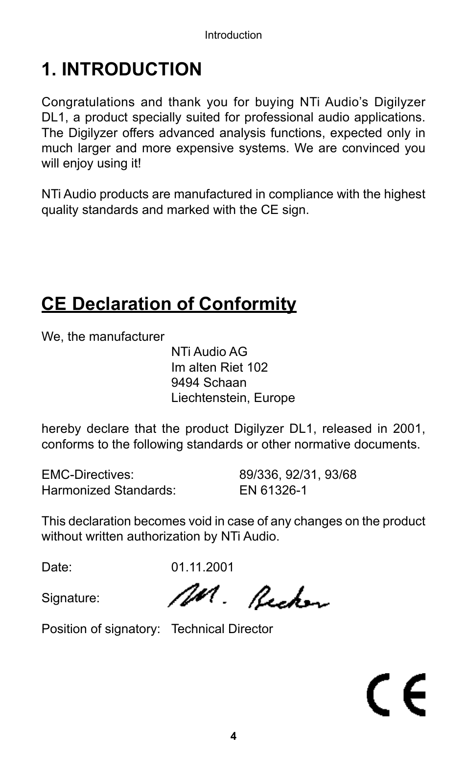 Introduction, Ce declaration of conformity, Ntroduction | NTi Audio Digilyzer DL1 User Manual | Page 4 / 66