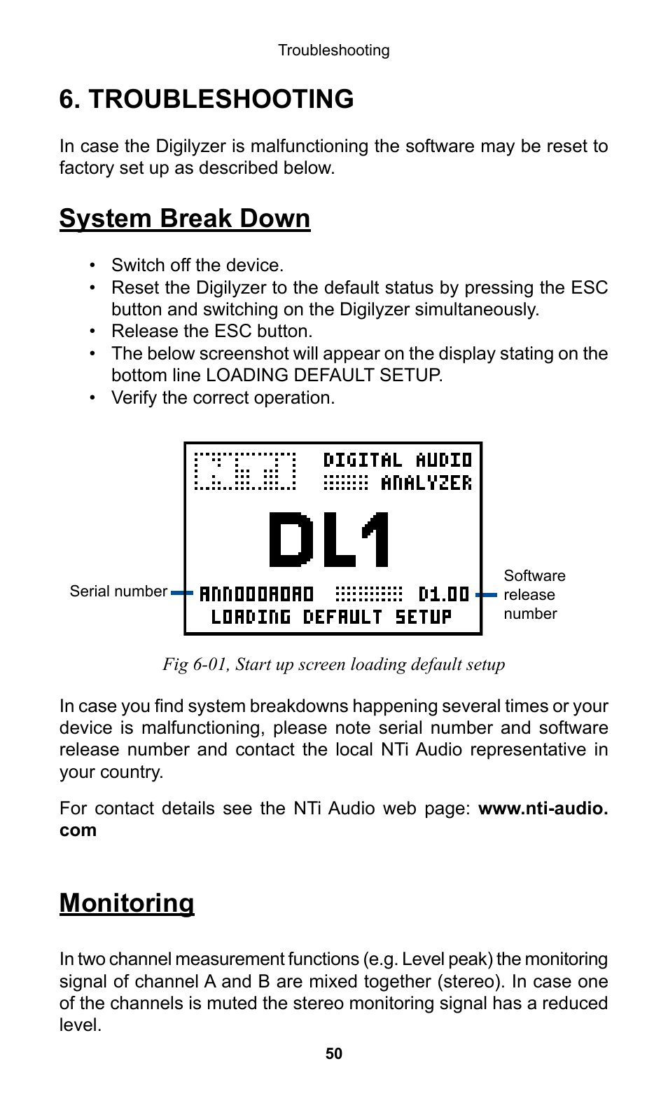 Troubleshooting, Roubleshooting, System break down | Monitoring | NTi Audio Digilyzer DL1 User Manual | Page 50 / 66