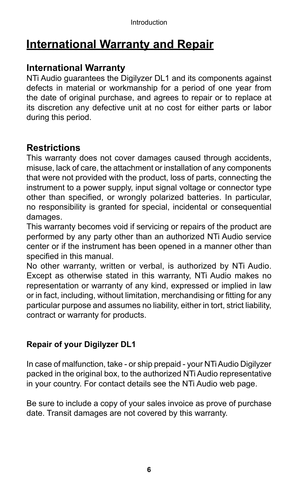 International warranty and repair | NTi Audio Digilyzer DL1 User Manual | Page 6 / 66