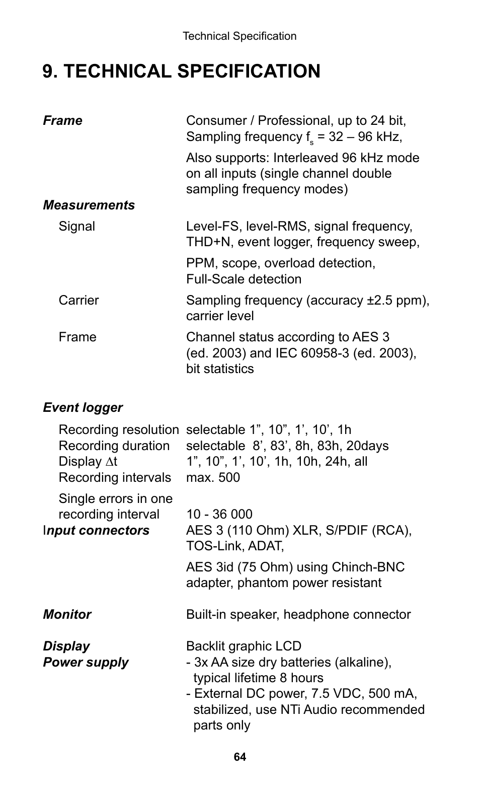 Technical specification | NTi Audio Digilyzer DL1 User Manual | Page 64 / 66