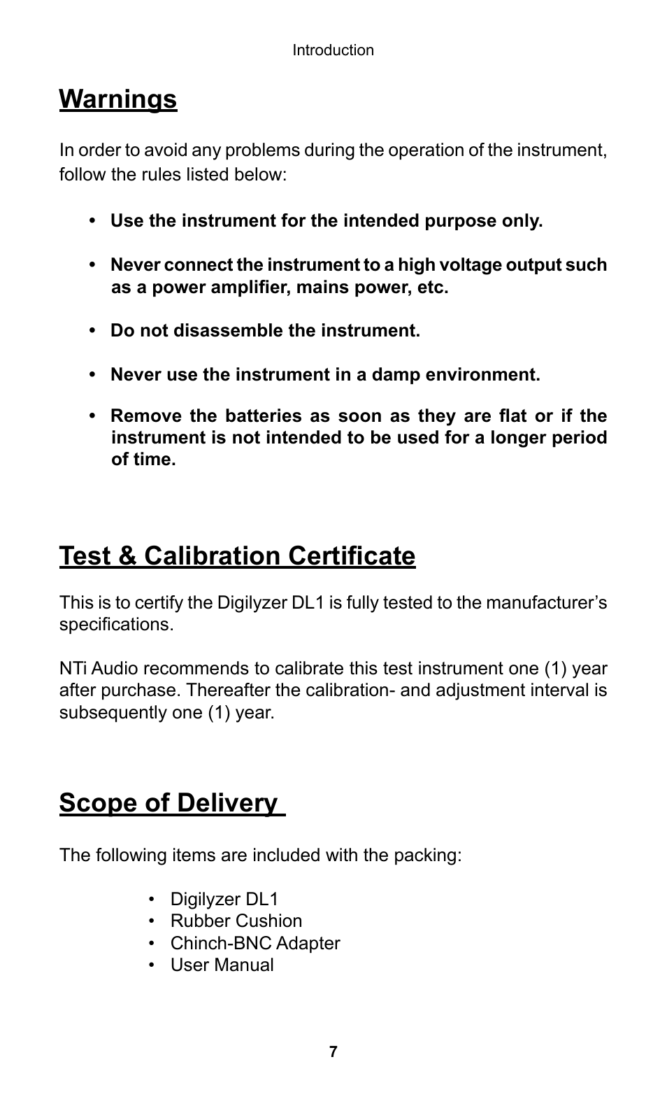 Warnings, Test & calibration certificate, Scope of delivery | NTi Audio Digilyzer DL1 User Manual | Page 7 / 66