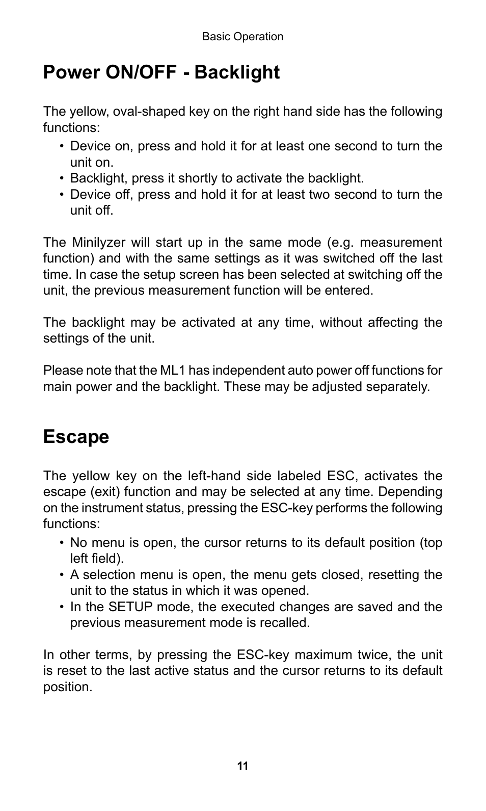 Power on/off - backlight, Escape | NTi Audio Minilyzer ML1 User Manual | Page 11 / 53