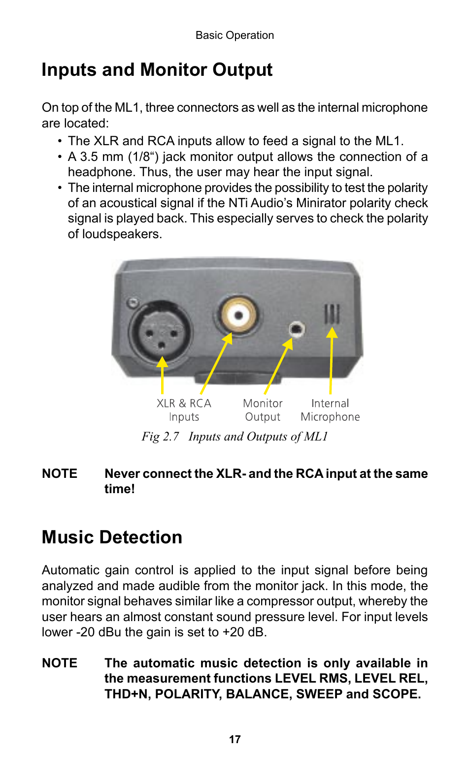 Inputs and monitor output, Music detection | NTi Audio Minilyzer ML1 User Manual | Page 17 / 53