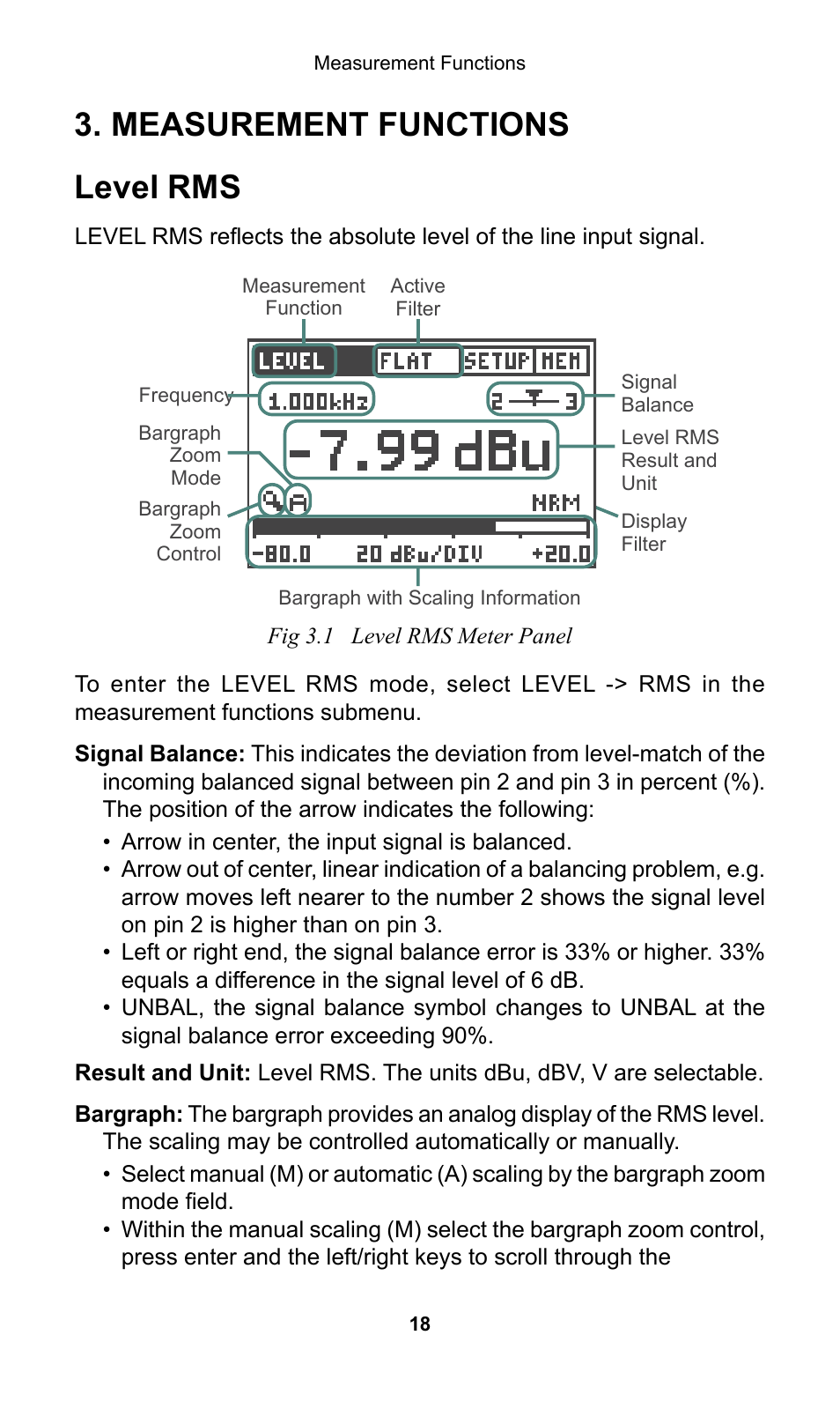 Easurement, Unctions, Level rms | Measurement functions level rms | NTi Audio Minilyzer ML1 User Manual | Page 18 / 53