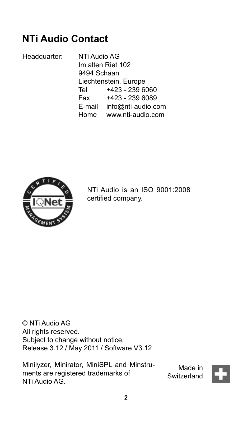 Nti audio contact | NTi Audio Minilyzer ML1 User Manual | Page 2 / 53