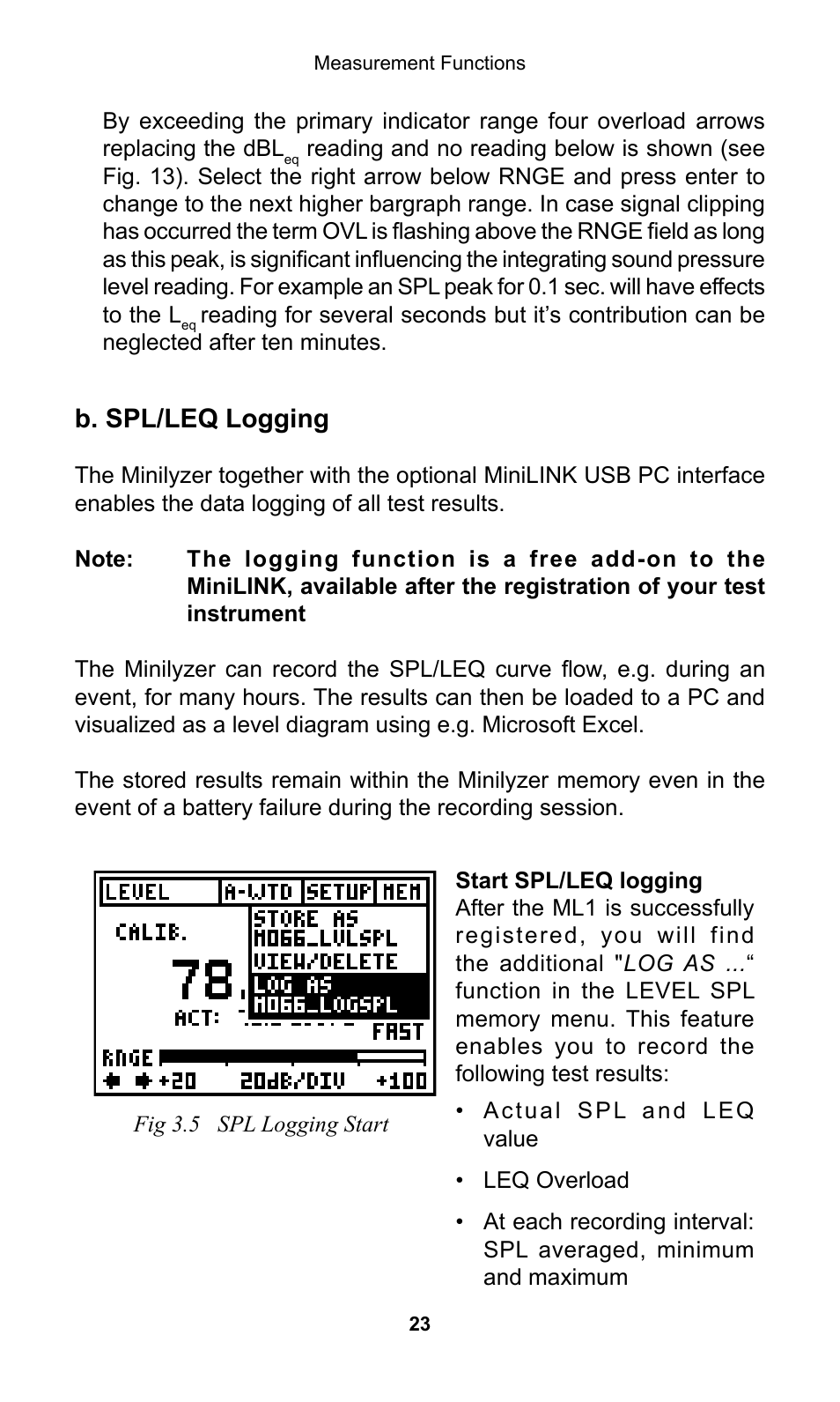 B. spl/leq logging | NTi Audio Minilyzer ML1 User Manual | Page 23 / 53