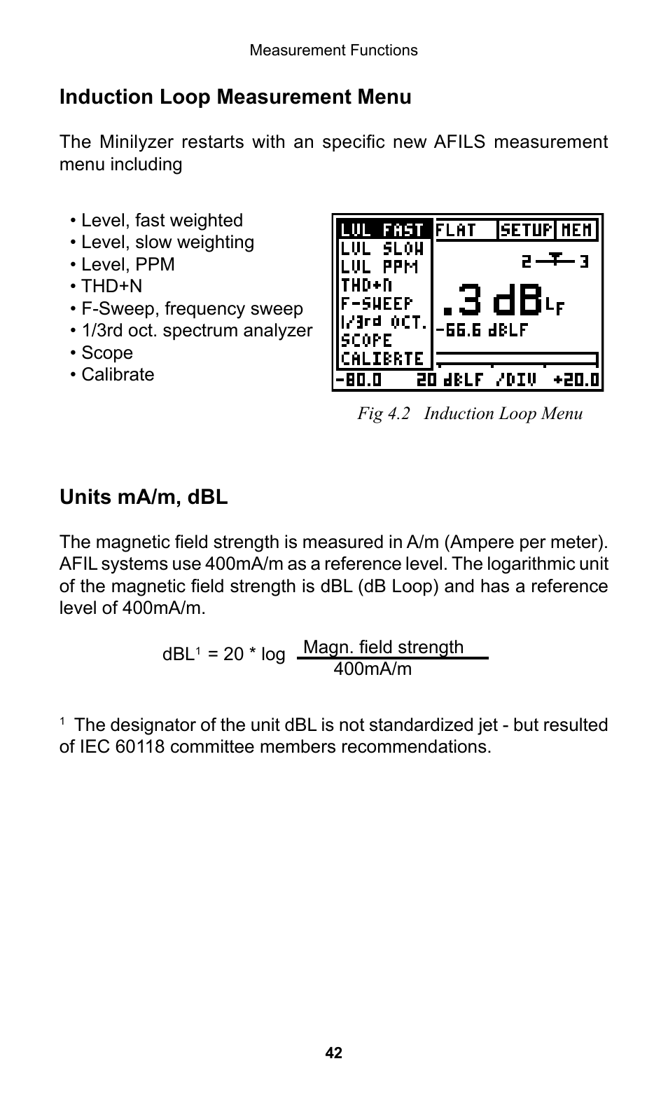 Induction loop measurement menu, Units ma/m, dbl | NTi Audio Minilyzer ML1 User Manual | Page 42 / 53