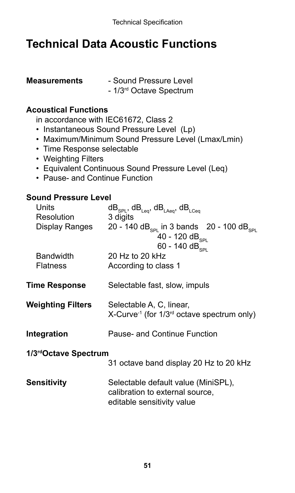 Technical data acoustic functions | NTi Audio Minilyzer ML1 User Manual | Page 51 / 53