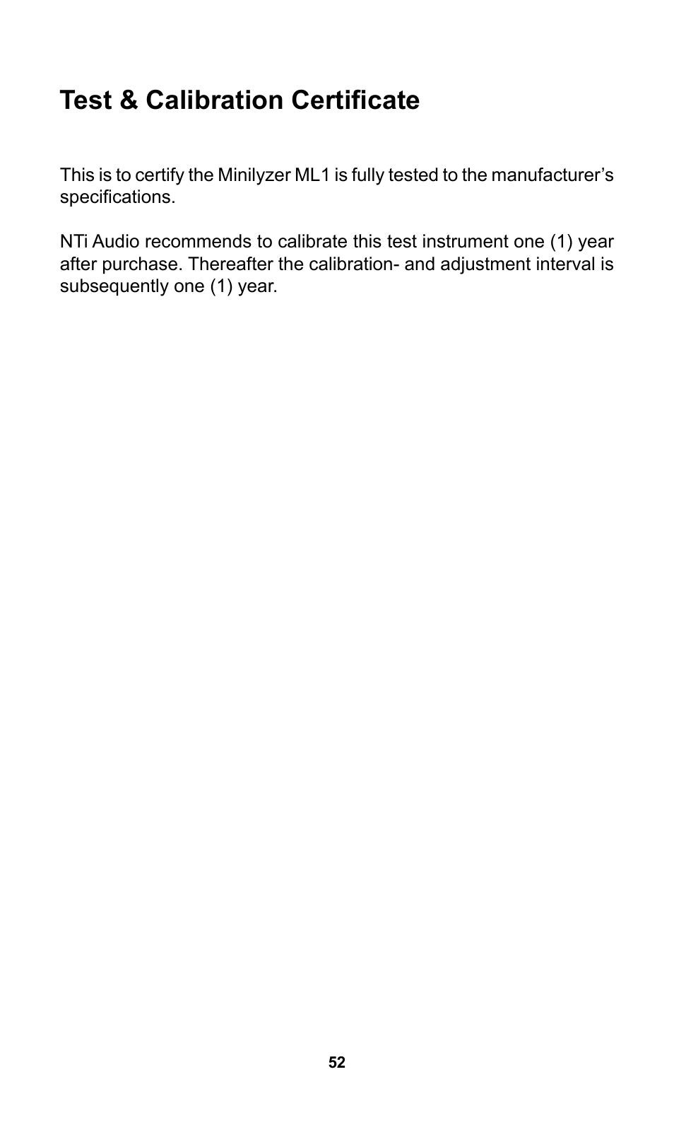 Test & calibration certificate | NTi Audio Minilyzer ML1 User Manual | Page 52 / 53