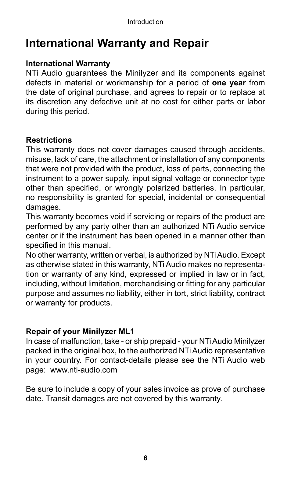 International warranty and repair | NTi Audio Minilyzer ML1 User Manual | Page 6 / 53