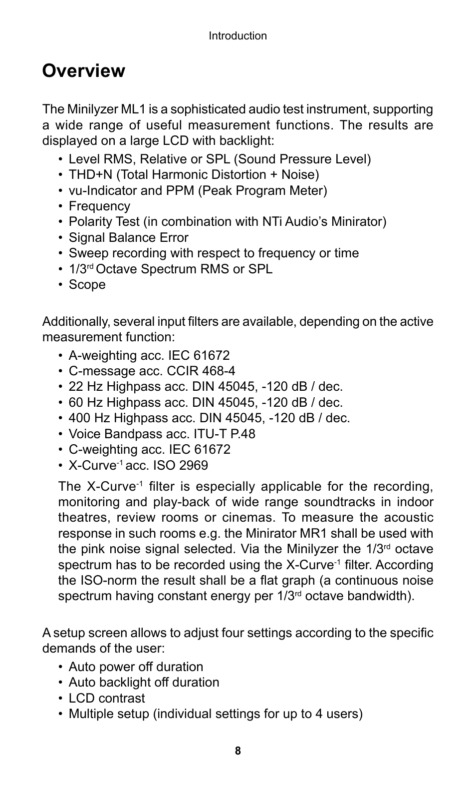 Overview | NTi Audio Minilyzer ML1 User Manual | Page 8 / 53