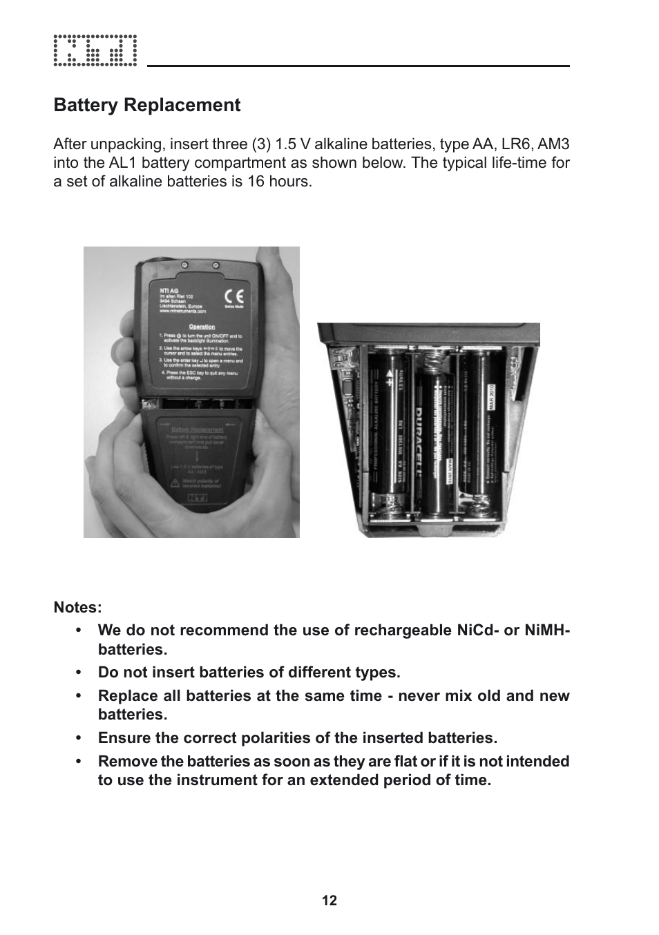 Battery replacement | NTi Audio Acoustilyzer AL1 User Manual | Page 12 / 96