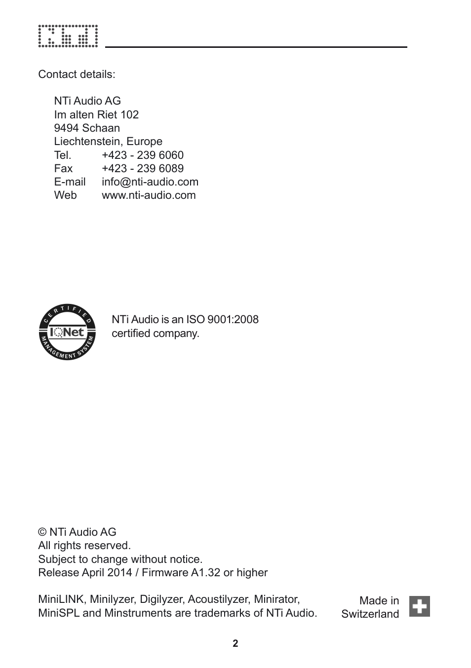 NTi Audio Acoustilyzer AL1 User Manual | Page 2 / 96