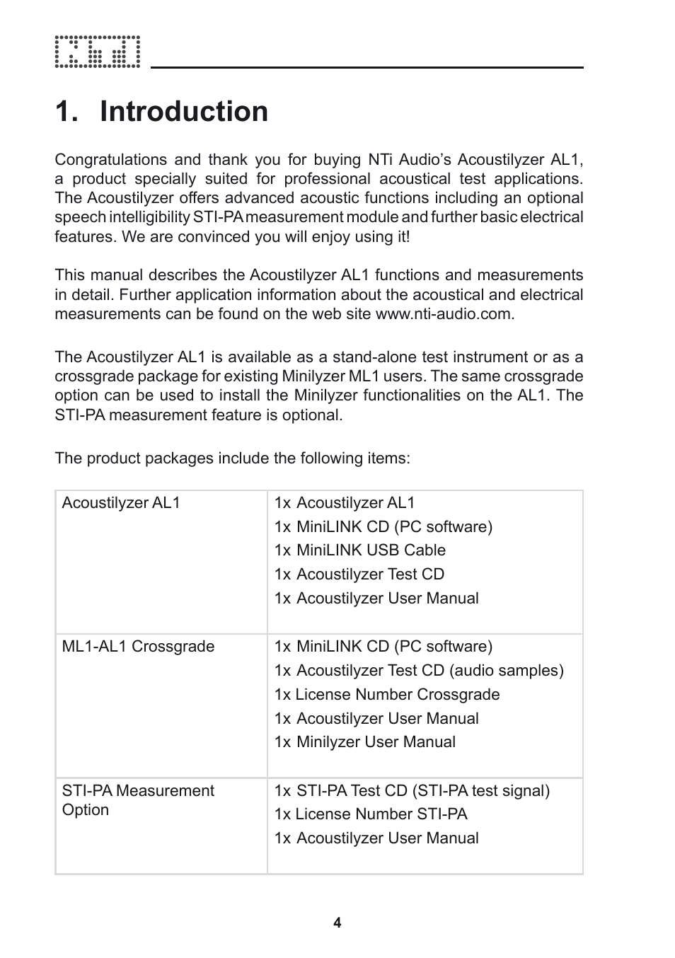 Introduction | NTi Audio Acoustilyzer AL1 User Manual | Page 4 / 96