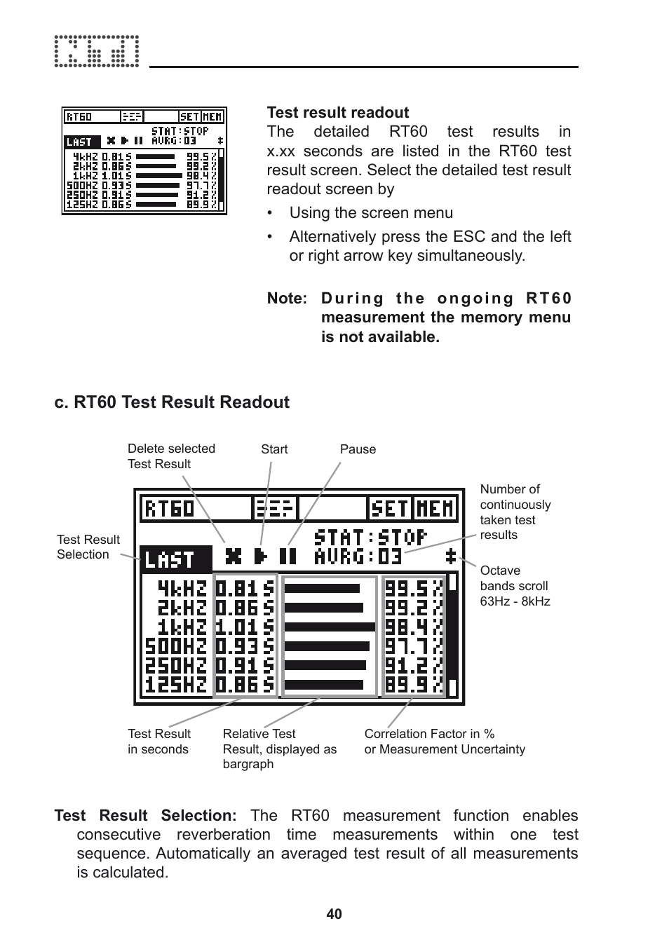 C. rt60 test result readout | NTi Audio Acoustilyzer AL1 User Manual | Page 40 / 96