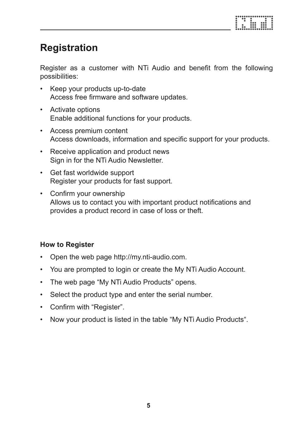 Registration | NTi Audio Acoustilyzer AL1 User Manual | Page 5 / 96