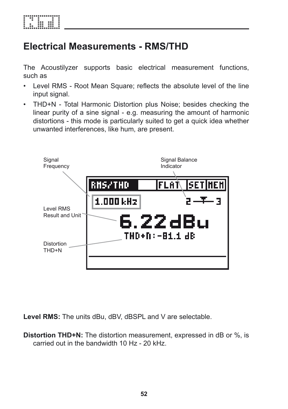 Electrical measurements - rms/thd | NTi Audio Acoustilyzer AL1 User Manual | Page 52 / 96