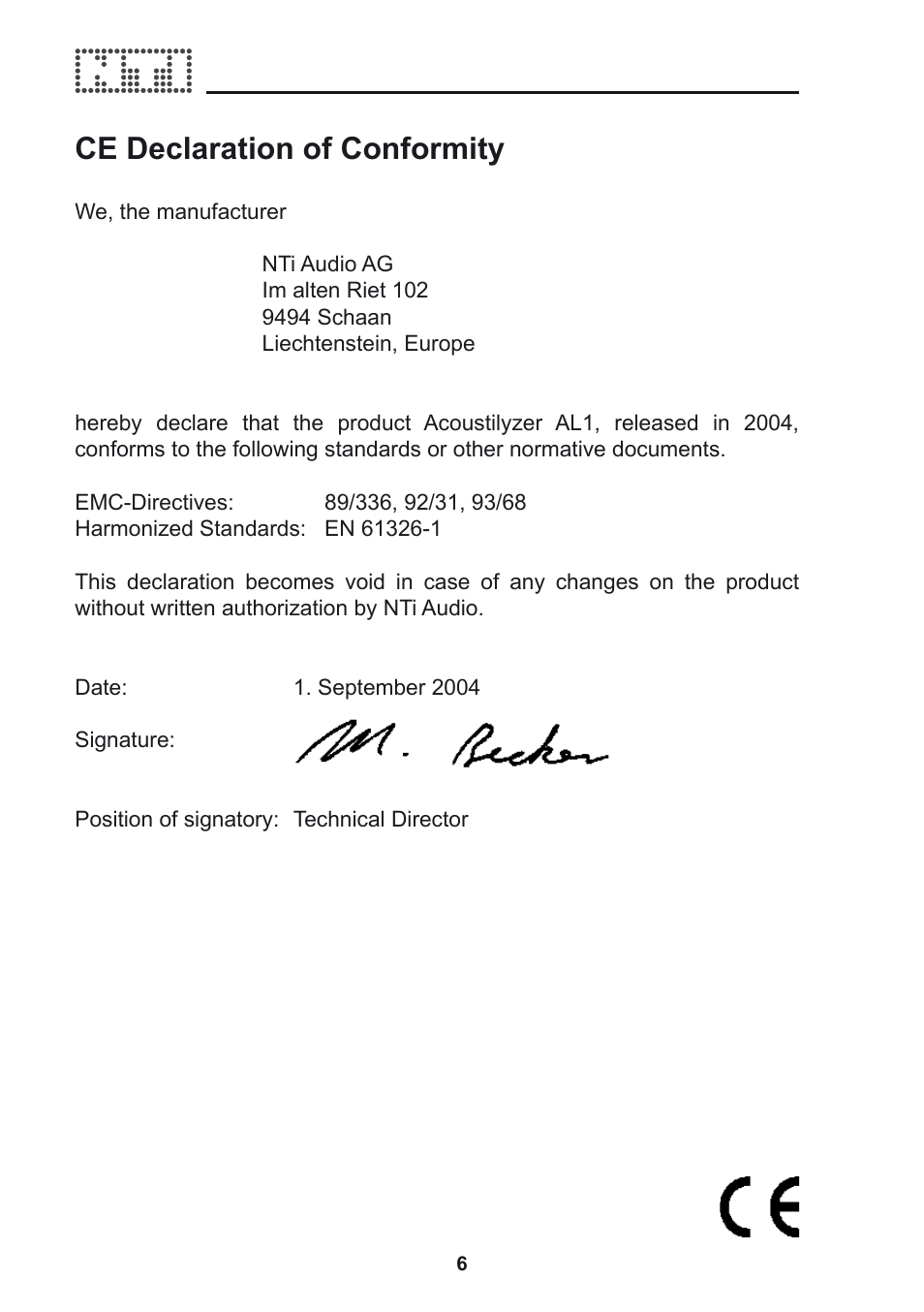 Ce declaration of conformity | NTi Audio Acoustilyzer AL1 User Manual | Page 6 / 96