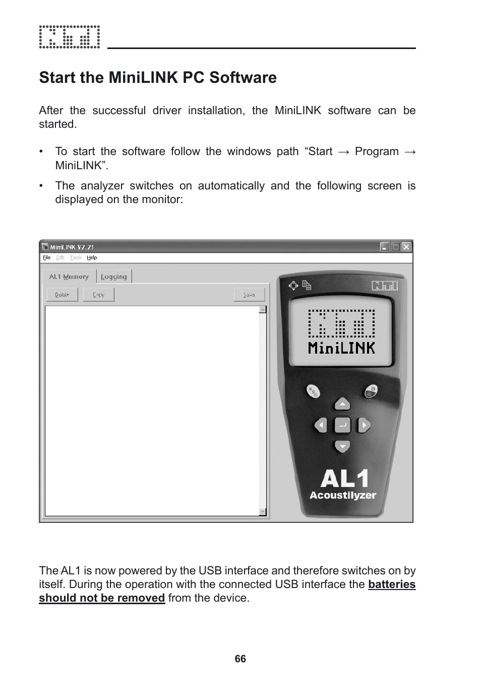 Start the minilink pc software | NTi Audio Acoustilyzer AL1 User Manual | Page 66 / 96