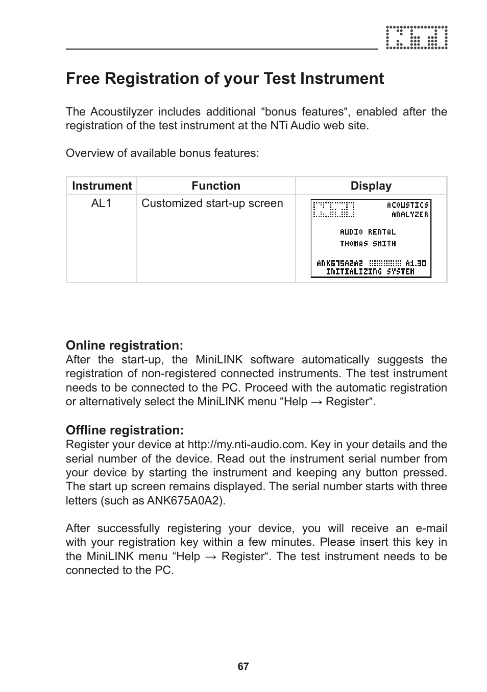 Free registration of your test instrument | NTi Audio Acoustilyzer AL1 User Manual | Page 67 / 96