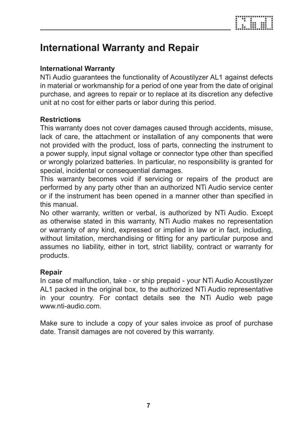 International warranty and repair, Nternational warranty and repair | NTi Audio Acoustilyzer AL1 User Manual | Page 7 / 96
