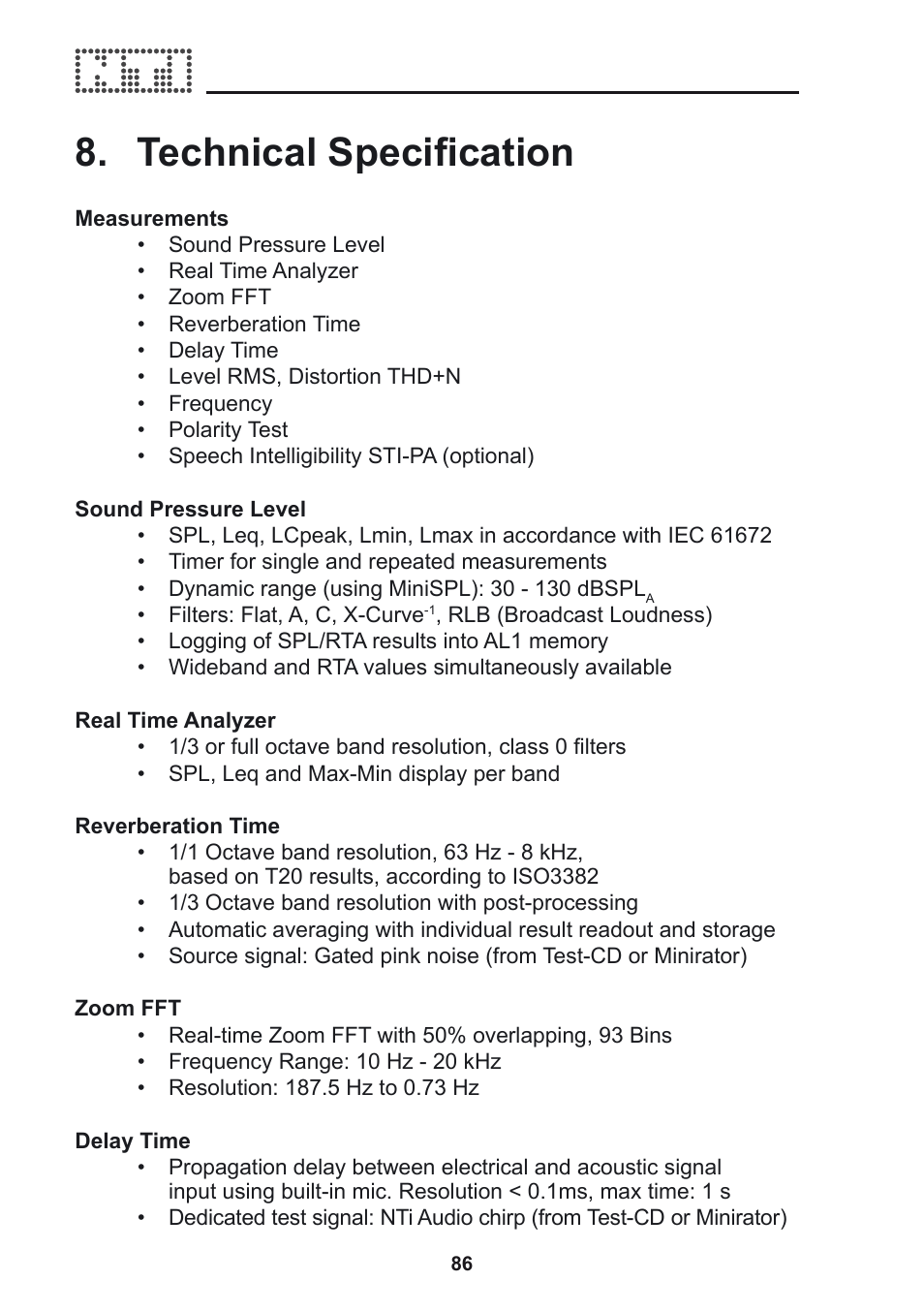 Technical specification | NTi Audio Acoustilyzer AL1 User Manual | Page 86 / 96