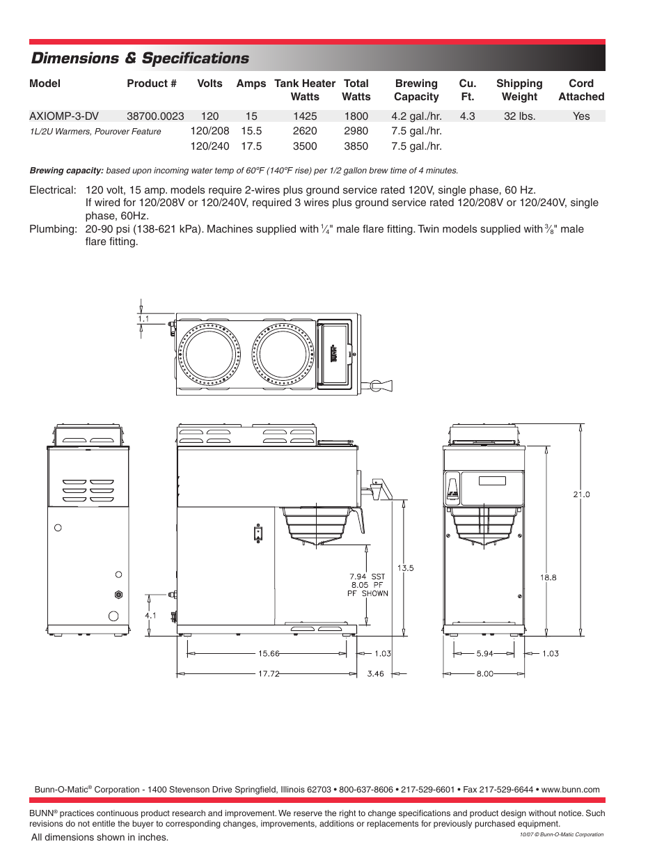 Dimensions & specifications | Bunn AXIOMP-3-DV User Manual | Page 2 / 2