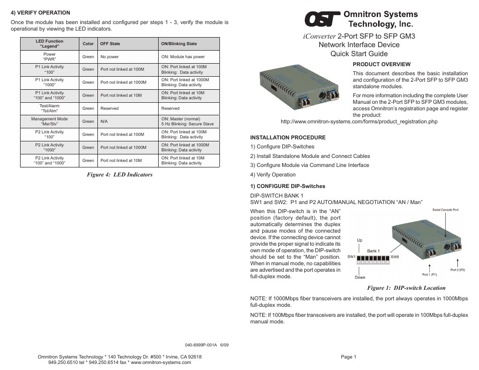 Omnitron Systems Technology iConverter 2-Port SFP to SFP GM4 User Manual | 2 pages