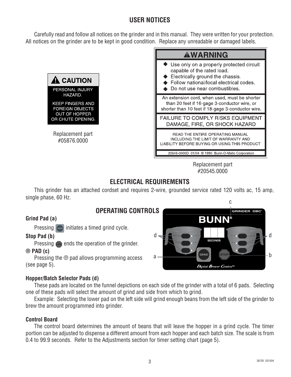 User notices, Electrical requirements, Operating controls | Bunn FPG-2 DBC User Manual | Page 3 / 6