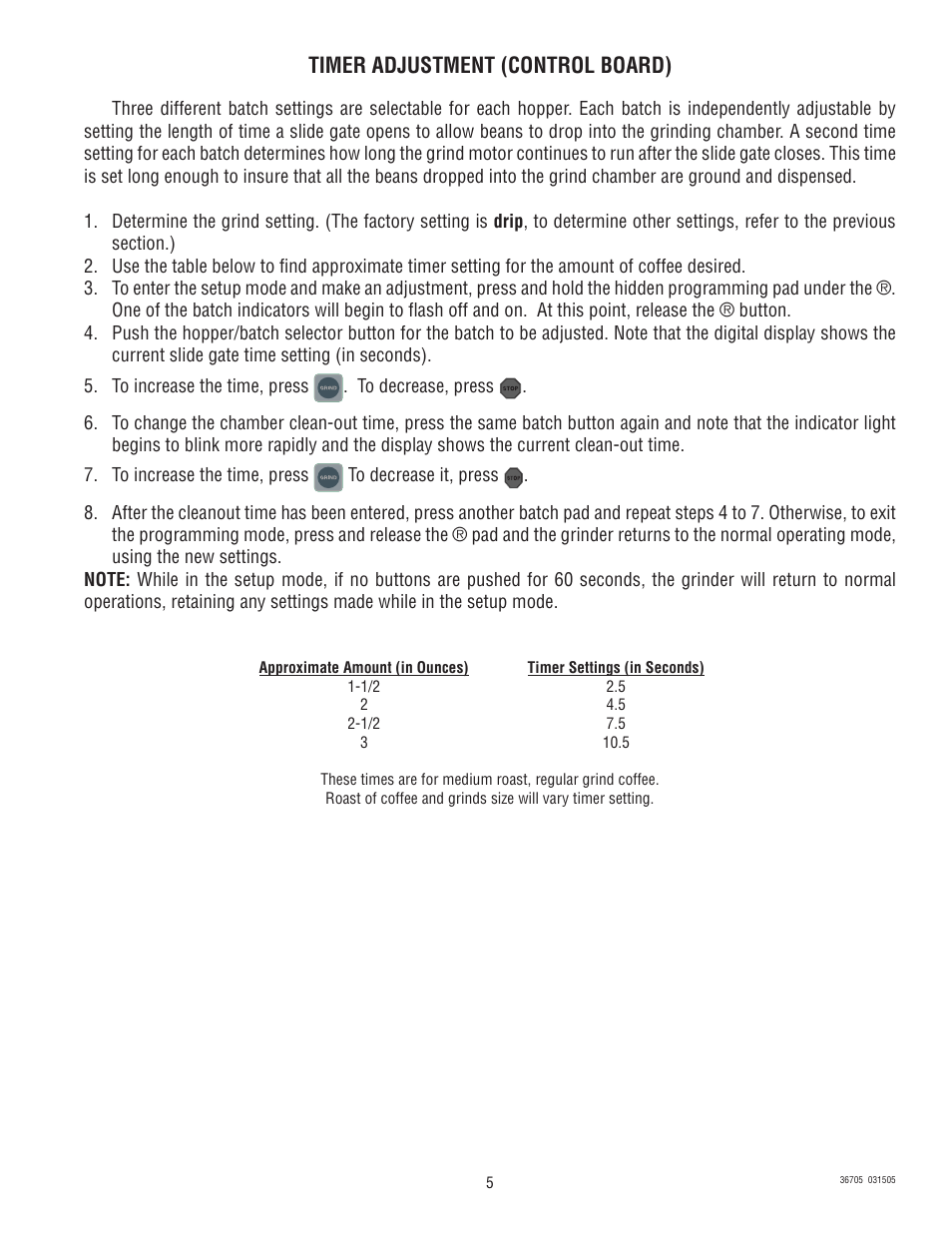 Timer adjustment (control board) | Bunn FPG-2 DBC User Manual | Page 5 / 6