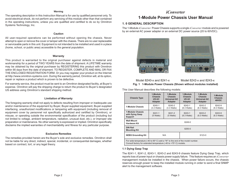 Iconverter, Module power chassis user manual | Omnitron Systems Technology iConverter 1-Module Power Chassis User Manual | Page 2 / 4