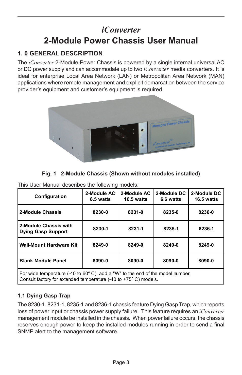 Iconverter, Module power chassis user manual, 0 general description | Omnitron Systems Technology iConverter 2-Module Power Chassis User Manual | Page 3 / 12