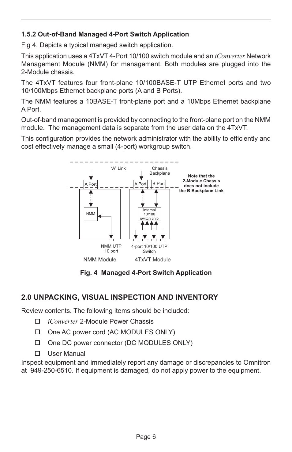 0 unpacking, visual inspection and inventory, Iconverter | Omnitron Systems Technology iConverter 2-Module Power Chassis User Manual | Page 6 / 12