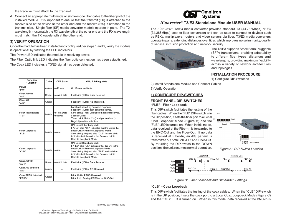 Omnitron Systems Technology iConverter T3/E3 Standalone Module User Manual | 2 pages