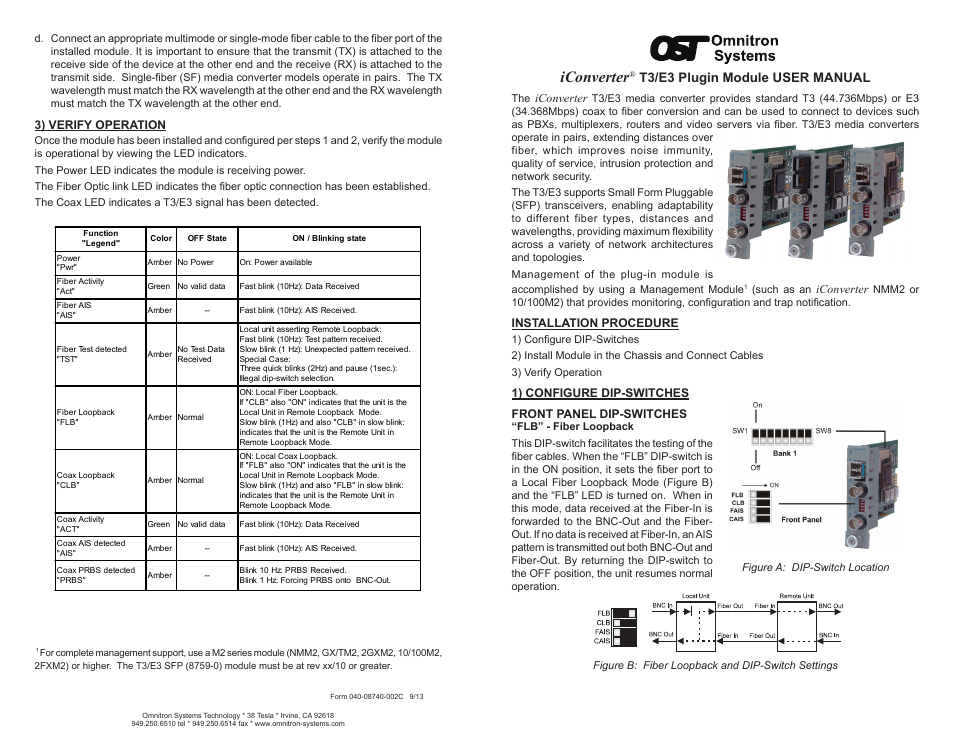 Omnitron Systems Technology iConverter T3/E3 Plugin Module User Manual | 2 pages