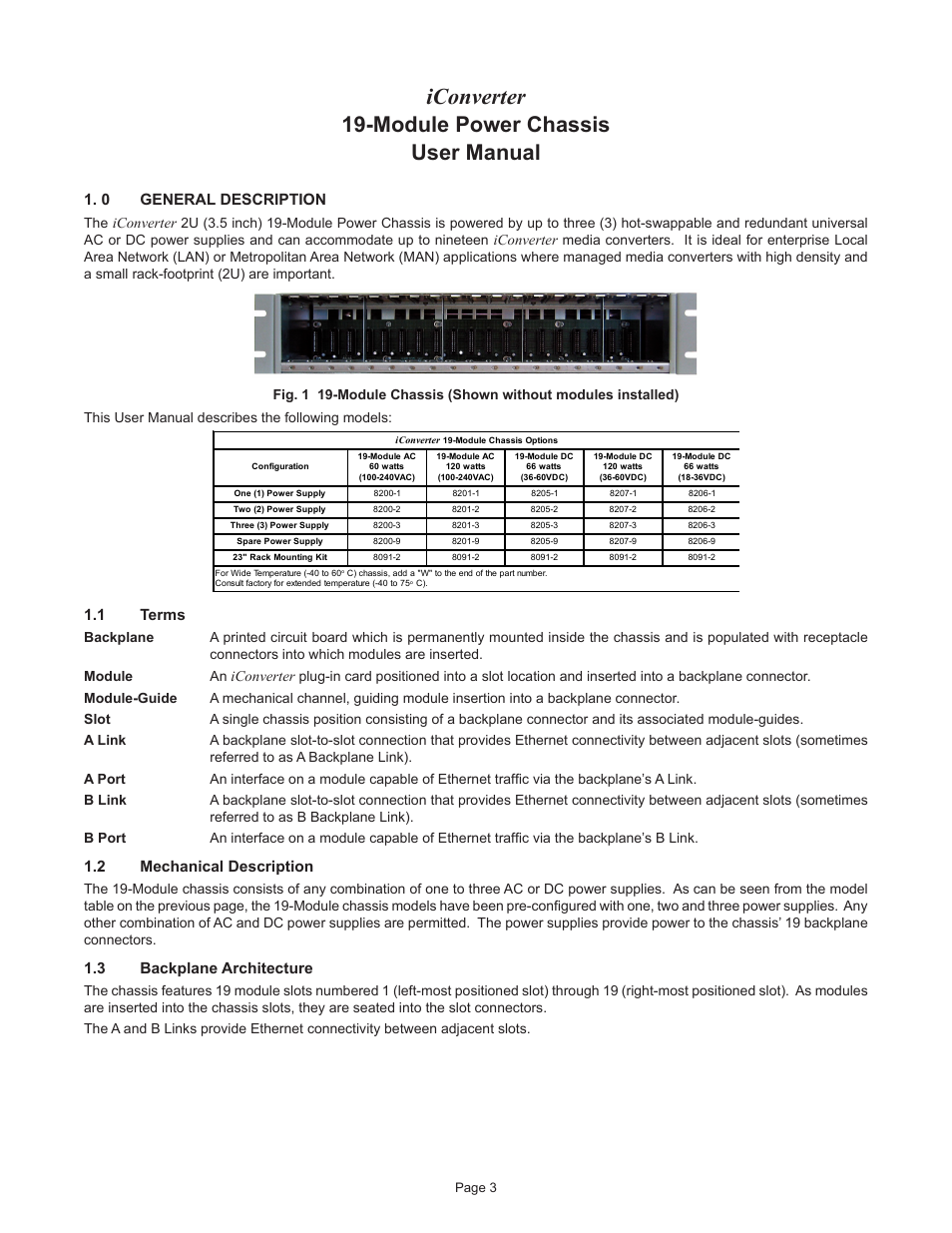 Iconverter, Module power chassis user manual, 0 general description | 1 terms, 2 mechanical description, 3 backplane architecture | Omnitron Systems Technology iConverter 19-Module Chassis User Manual | Page 3 / 10