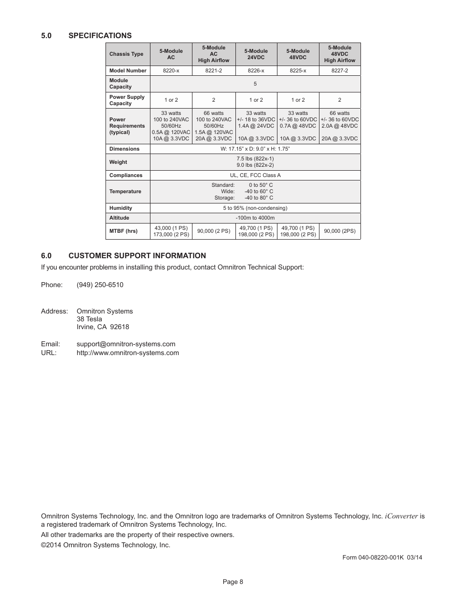 0 specifications, 0 customer support information, Iconverter | Omnitron Systems Technology iConverter 5-Module Chassis User Manual | Page 8 / 8