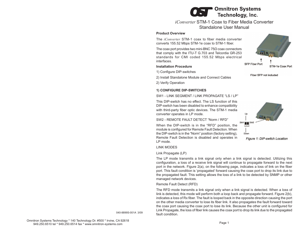 Omnitron Systems Technology iConverter STM 1 Standalone User Manual | 2 pages