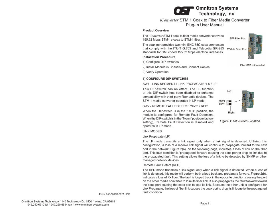 Omnitron Systems Technology iConverter STM 1 Plug-In User Manual | 2 pages